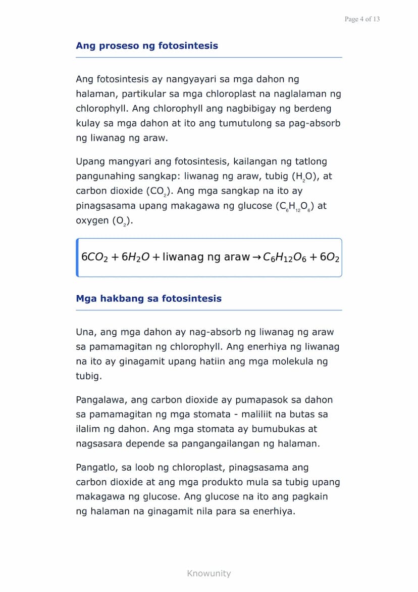 Sustansiya at Enerhiya sa mga Organismo:
Fotosintesis at Respirasyon
Pag-aaral ng proseso ng fotosintesis at
respirasyon sa mga halaman
Mga 