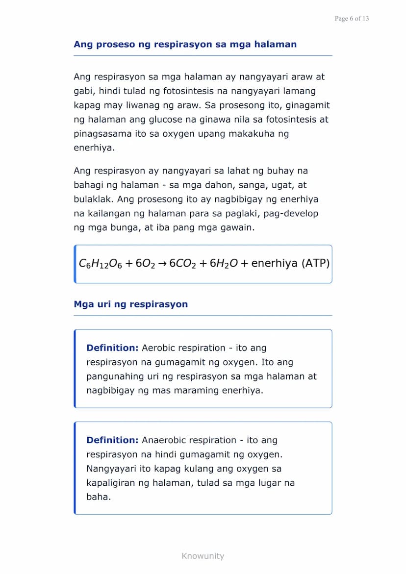 Sustansiya at Enerhiya sa mga Organismo:
Fotosintesis at Respirasyon
Pag-aaral ng proseso ng fotosintesis at
respirasyon sa mga halaman
Mga 