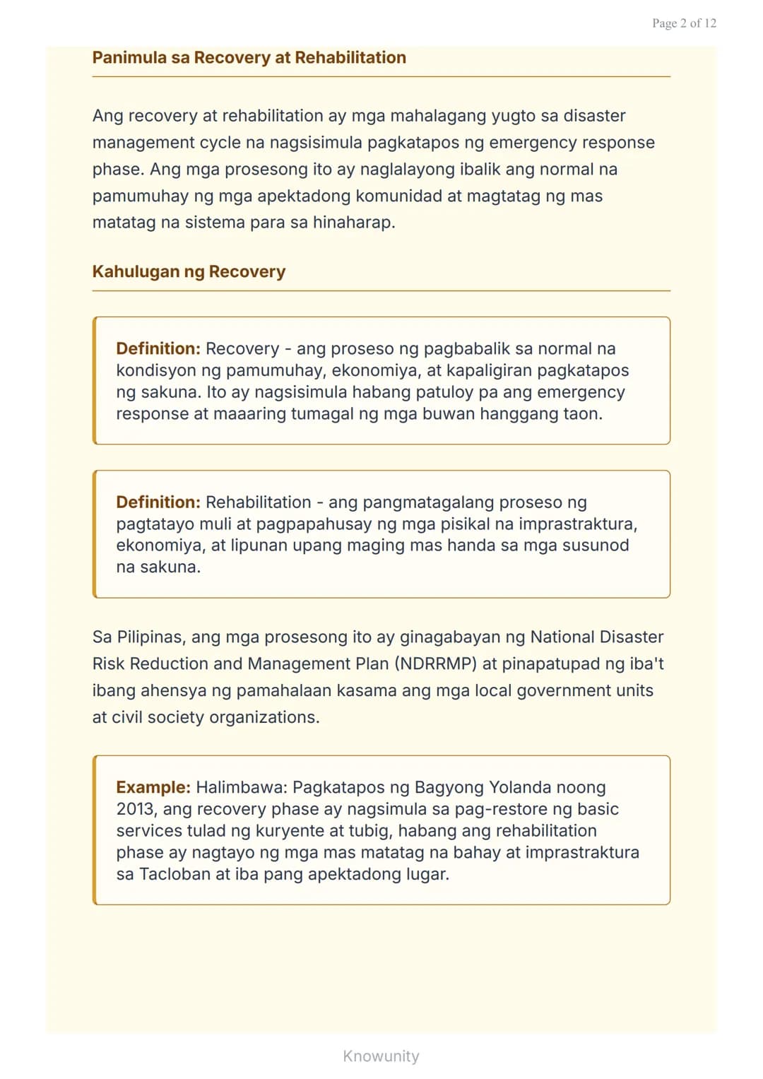 Pagbangon at Pagpapanumbalik: Pagpaplano para sa Kinabukasan
Pag-aaral ng recovery at rehabilitation sa disaster
management
Mga Layuning Pan