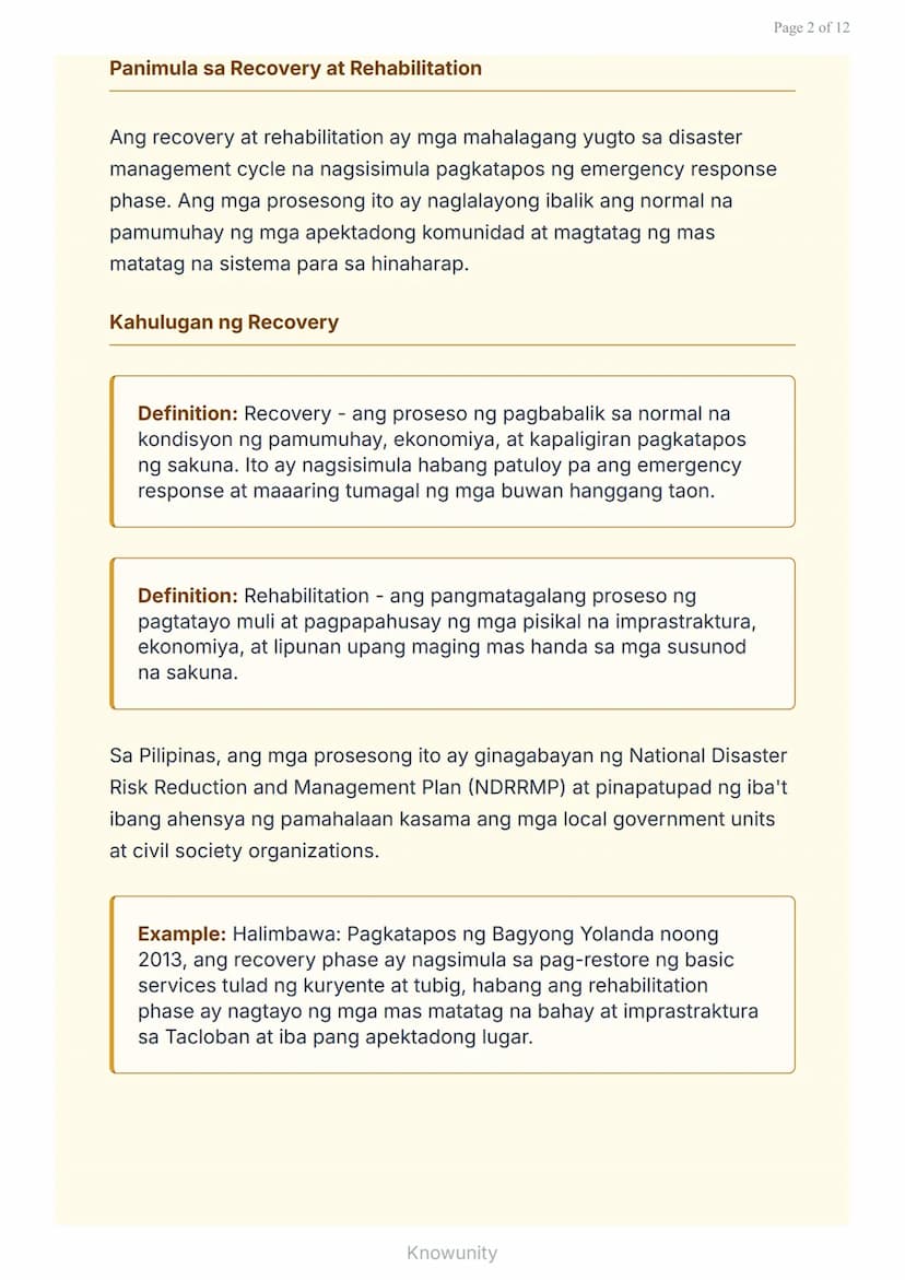 Pagbangon at Pagpapanumbalik: Pagpaplano para sa Kinabukasan
Pag-aaral ng recovery at rehabilitation sa disaster
management
Mga Layuning Pan