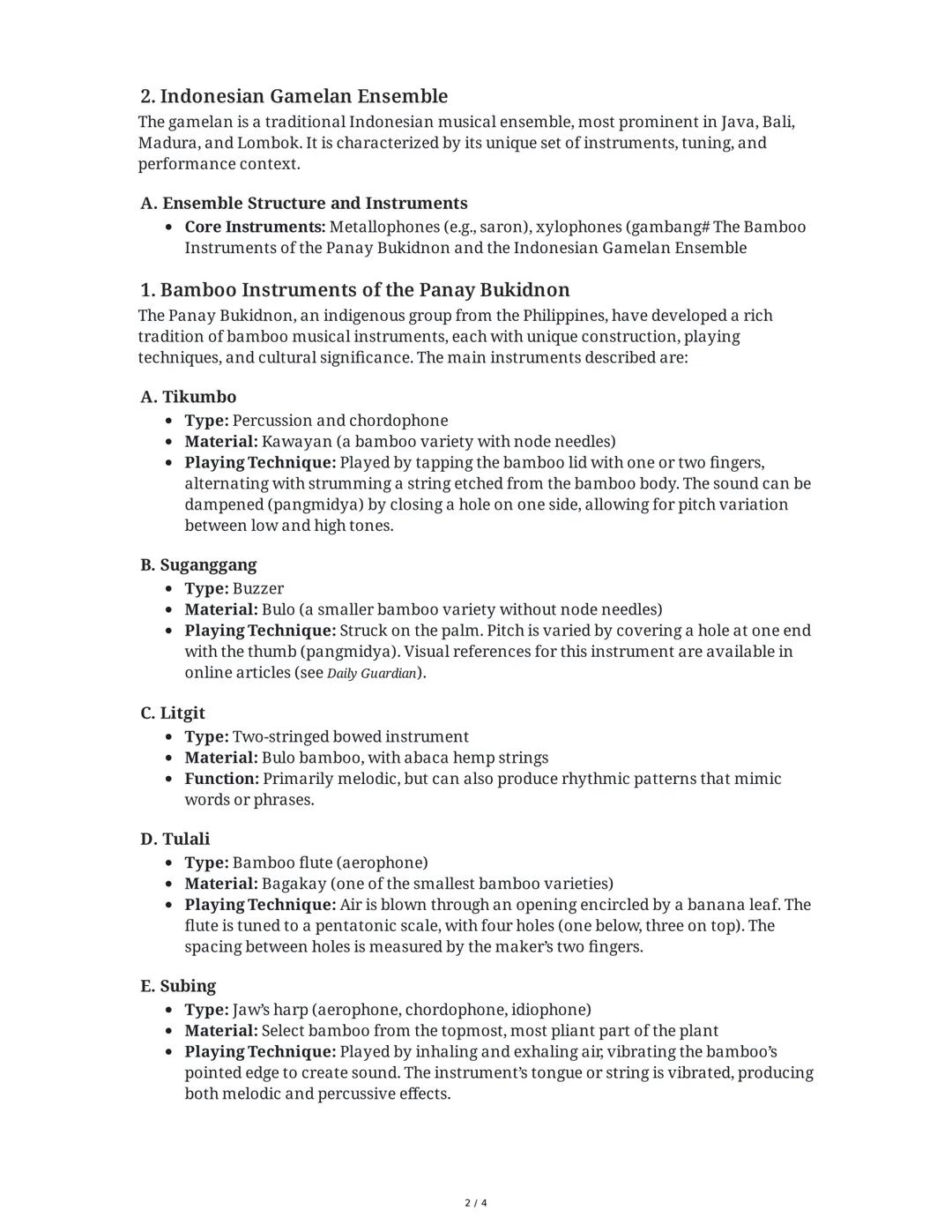 The Bamboo Instruments of the Panay Bukidnon and the
Indonesian Gamelan Ensemble
1. Bamboo Instruments of the Panay Bukidnon
The Panay Bukid