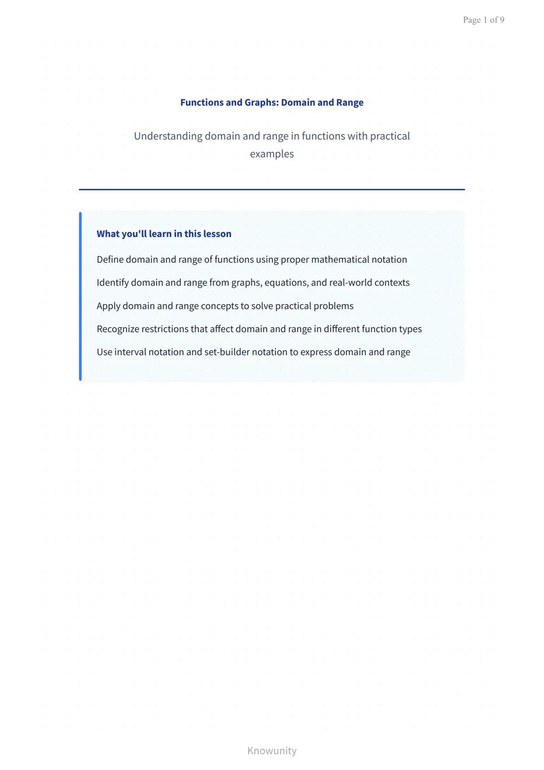 Functions and Graphs: Domain and Range
Understanding domain and range in functions with practical
examples
What you'll learn in this lesson

