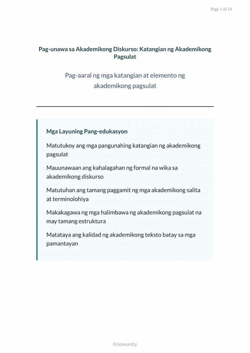 # Pag-unawa sa Akademikong Diskurso: Katangian ng Akademikong Pagsulat

Pag-aaral ng mga katangian at elemento ng akademikong pagsulat

## M