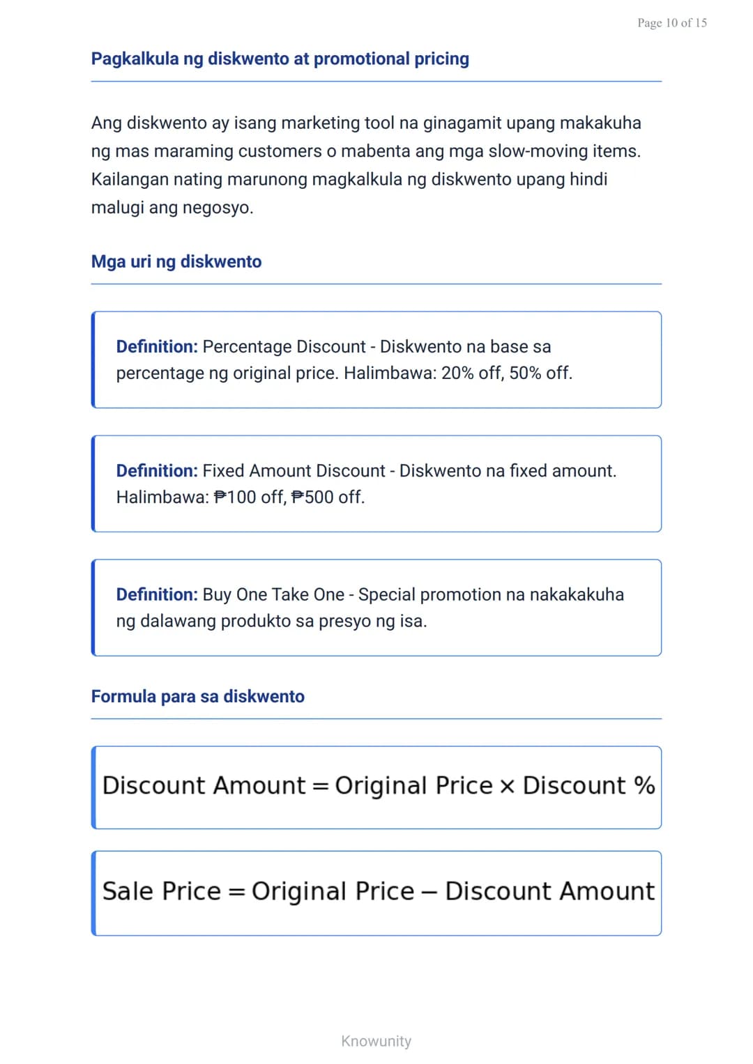 Pagpepresyo at Diskwento: Pagkalkula ng Cost at Mark-up
Pag-aaral ng mga pamamaraan sa pagkalkula ng
presyo at diskwento
Mga Layuning Pag-aa