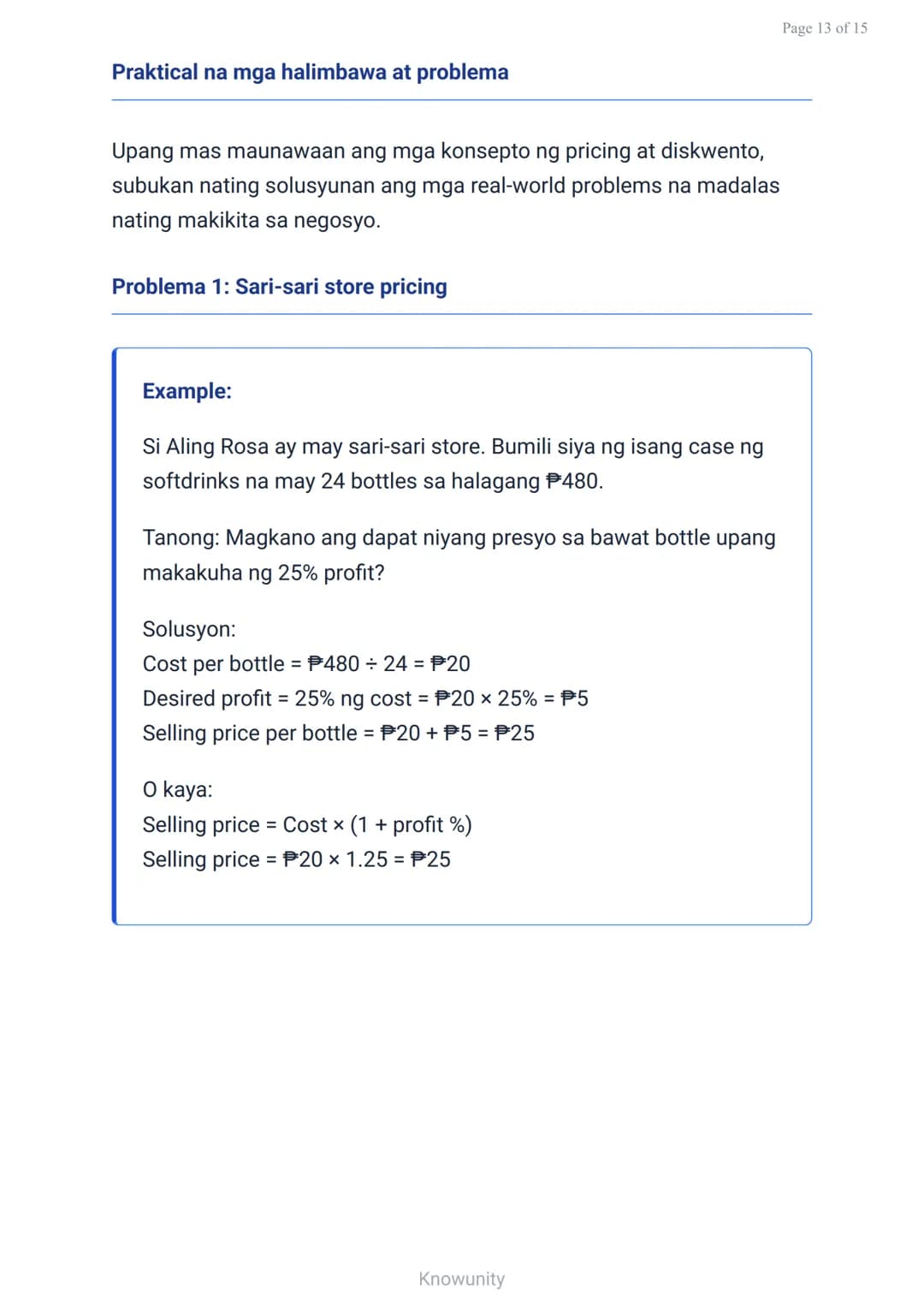Pagpepresyo at Diskwento: Pagkalkula ng Cost at Mark-up
Pag-aaral ng mga pamamaraan sa pagkalkula ng
presyo at diskwento
Mga Layuning Pag-aa