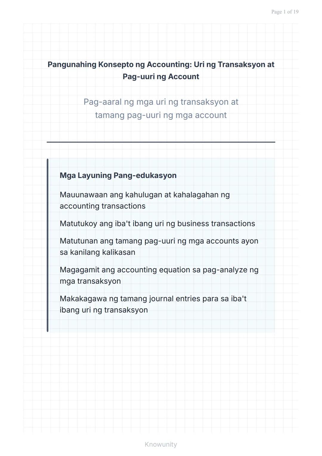 Pangunahing Konsepto ng Accounting: Uri ng Transaksyon at Pag-uuri ng Account
