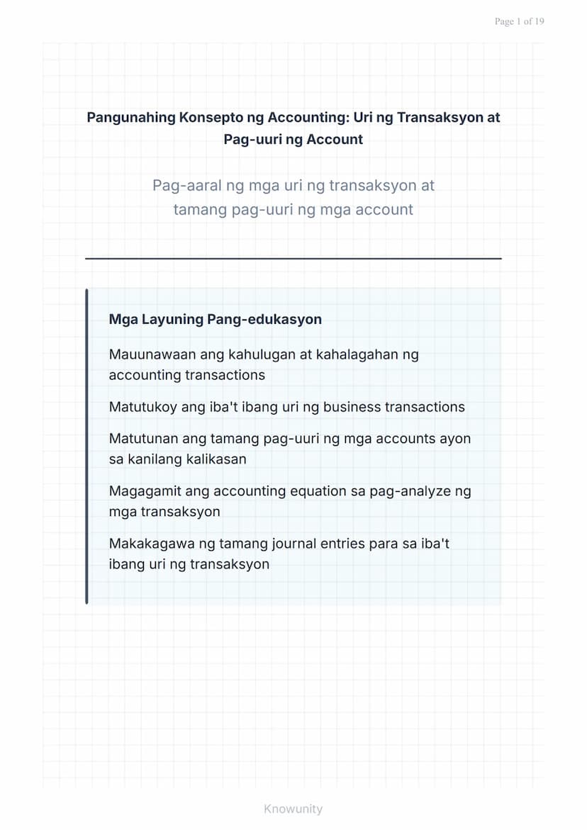 # Pangunahing Konsepto ng Accounting: Uri ng Transaksyon at Pag-uuri ng Account

Pag-aaral ng mga uri ng transaksyon at tamang pag-uuri ng m