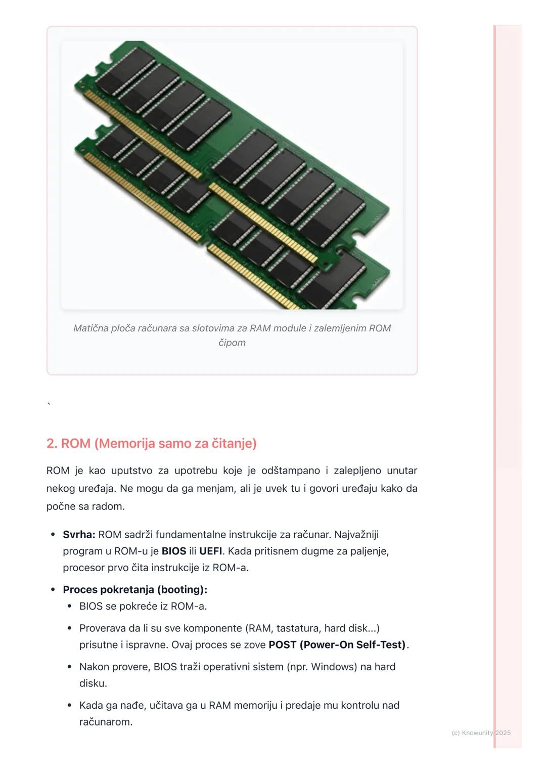 # Memorija (RAM I ROM)

Uvod u memoriju računara

Svaki računar, kao i čovek, ima memoriju. Ona mu služi da čuva podatke i
programe sa kojim