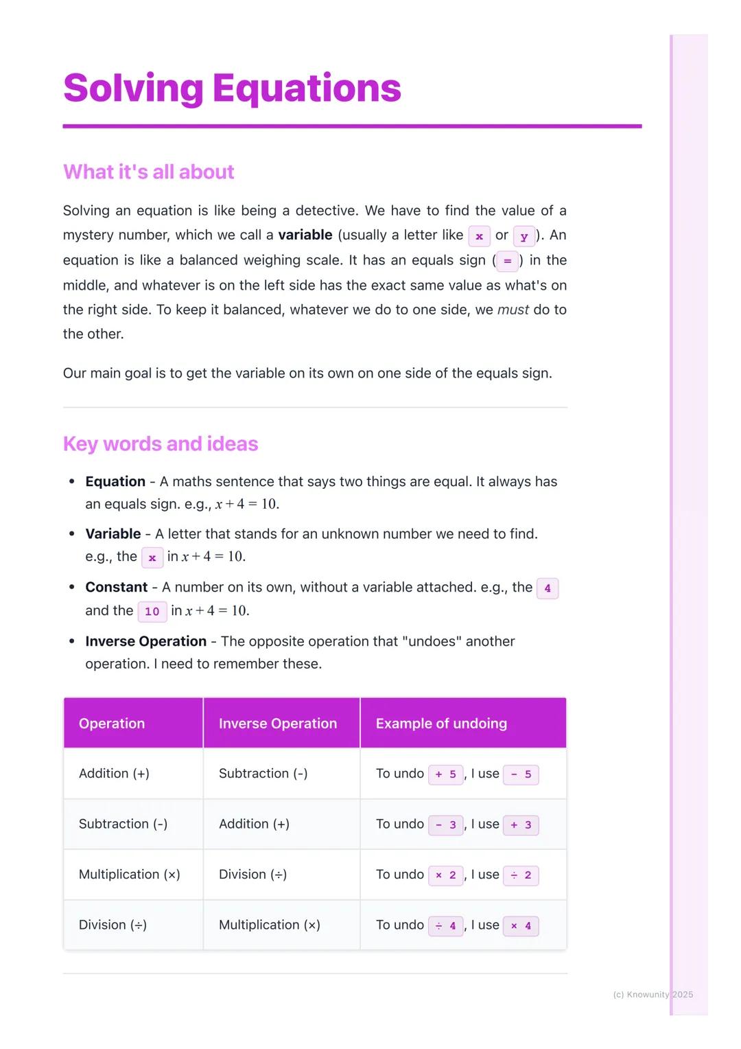 # Solving Equations

## What it's all about

Solving an equation is like being a detective. We have to find the value of a
mystery number, w