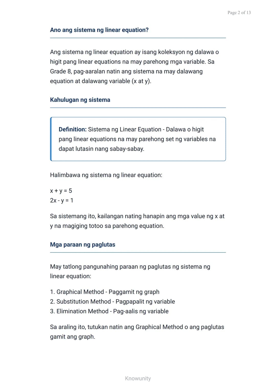 Mga sistema ng linear equation: Graphical na paglutas
Pag-aaral ng paglutas ng sistema ng linear
equation gamit ang graph
Mga layuning pang-