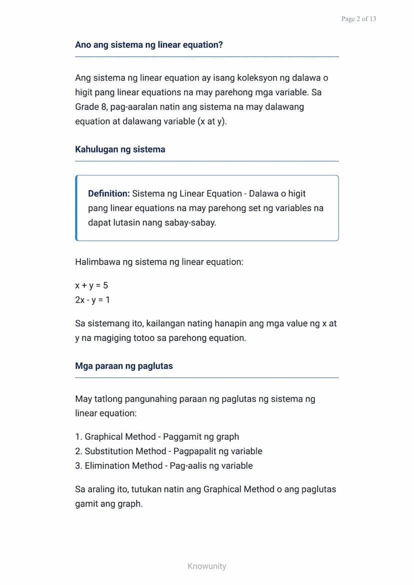 Mga sistema ng linear equation: Graphical na paglutas
Pag-aaral ng paglutas ng sistema ng linear
equation gamit ang graph
Mga layuning pang-