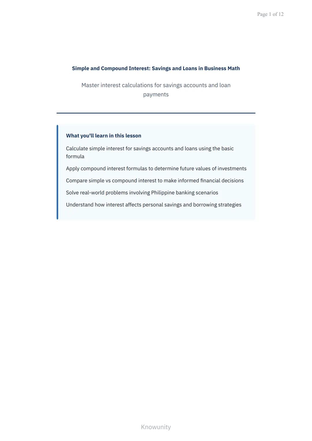 Simple and Compound Interest: Savings and Loans in Business Math
Master interest calculations for savings accounts and loan
payments
What yo