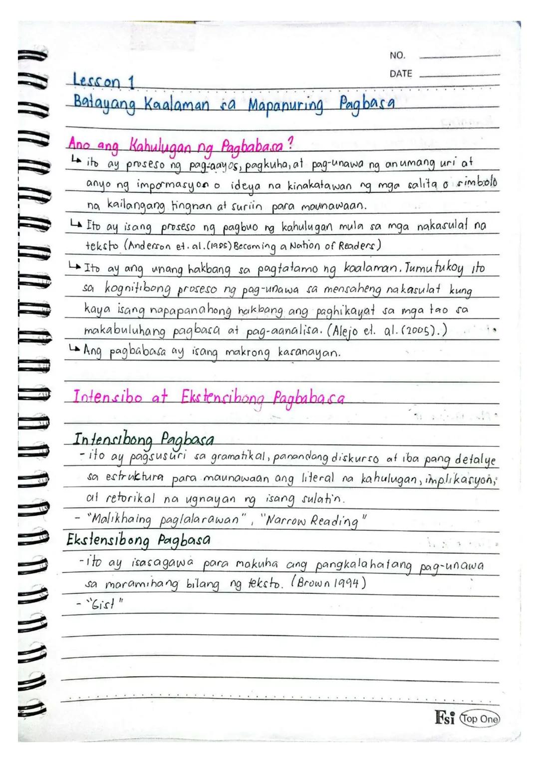 NO.
DATE
Lesson 1
Batayang Kaalaman sa Mapanuring Pagbasa
Ano ang Kahulugan ng Pagbabasa?
Lito ay proseso ng pag-aayos, pagkuha, at pag-unaw