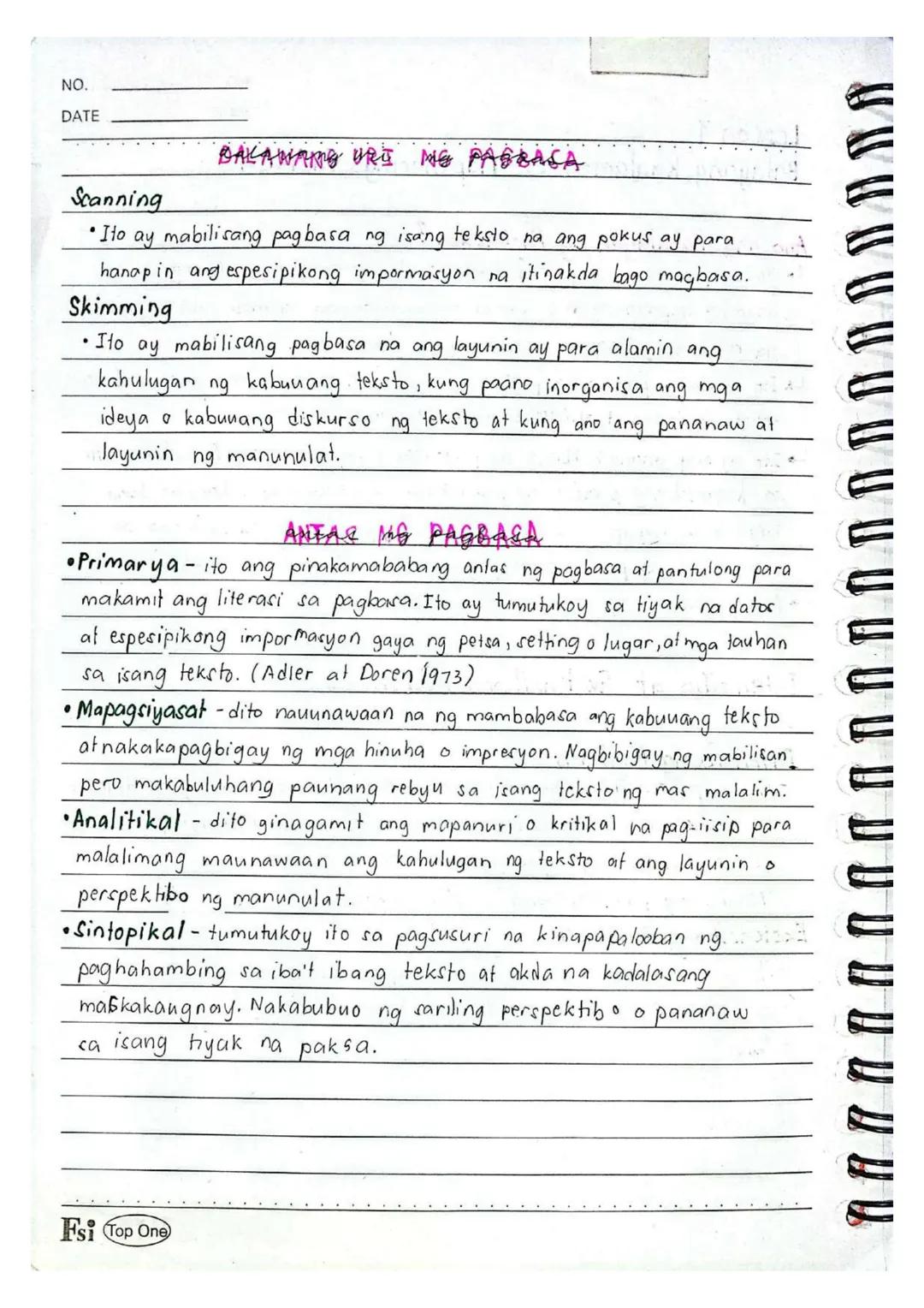 NO.
DATE
Lesson 1
Batayang Kaalaman sa Mapanuring Pagbasa
Ano ang Kahulugan ng Pagbabasa?
Lito ay proseso ng pag-aayos, pagkuha, at pag-unaw
