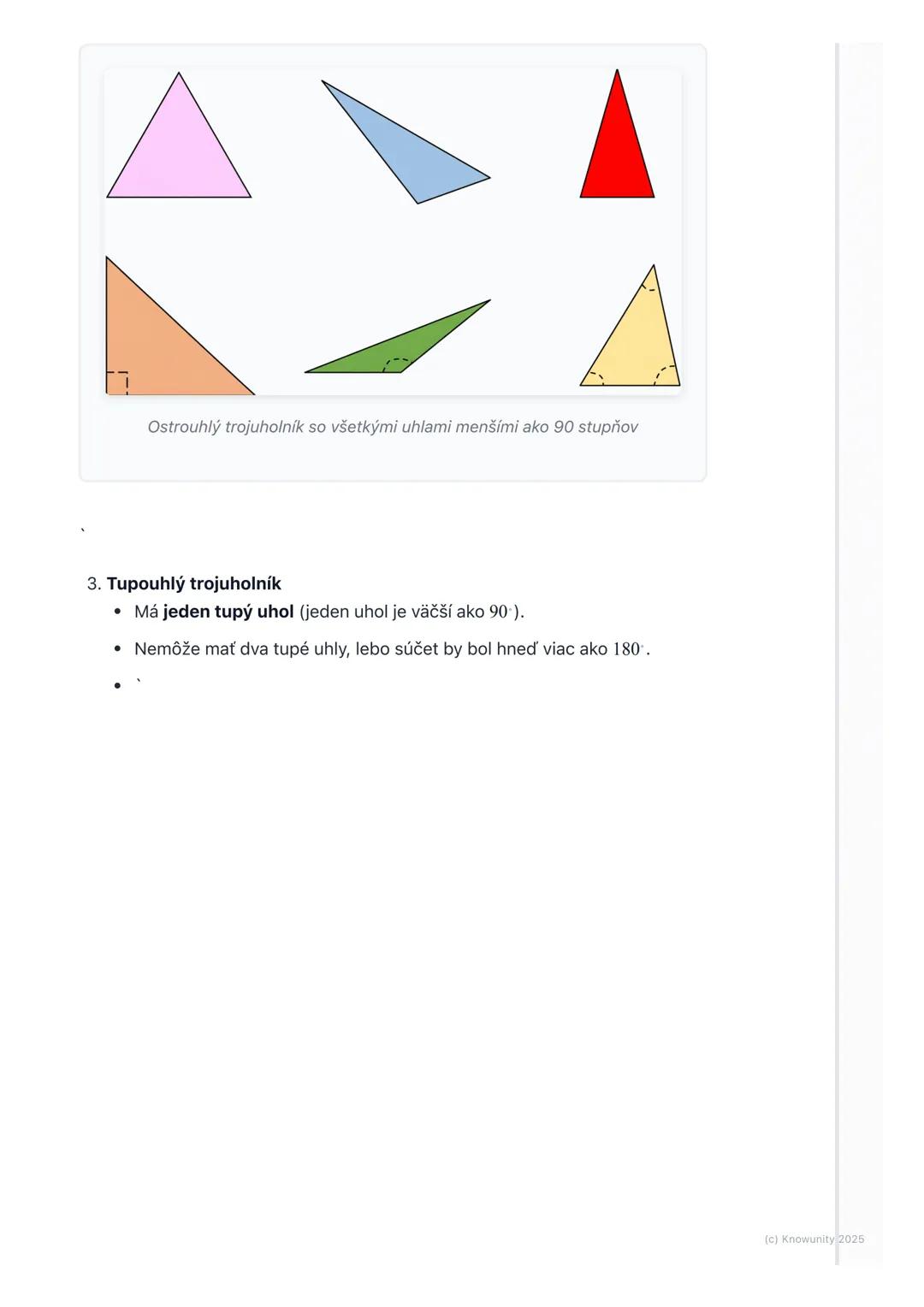 # Trojuholník - základné pojmy

1. Prehľad trojuholníkov

Trojuholník je jeden z najzákladnejších tvarov v geometrii. Stretávame sa s ním
vš
