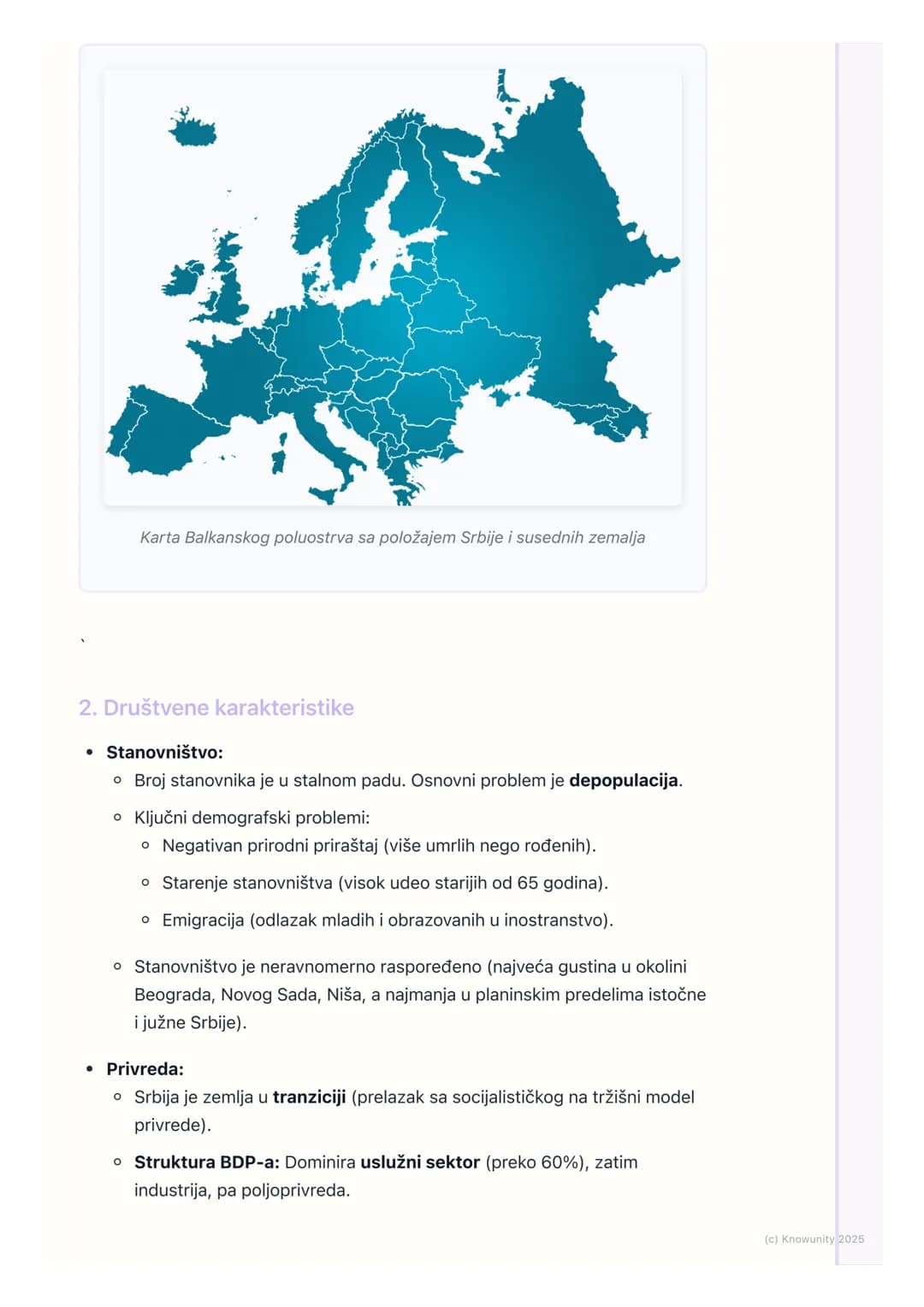 # Geografija Srbije u evropskom
kontekstu

## Geografski položaj Srbije

Srbija zauzima centralni položaj na Balkanskom poluostrvu i jugoist