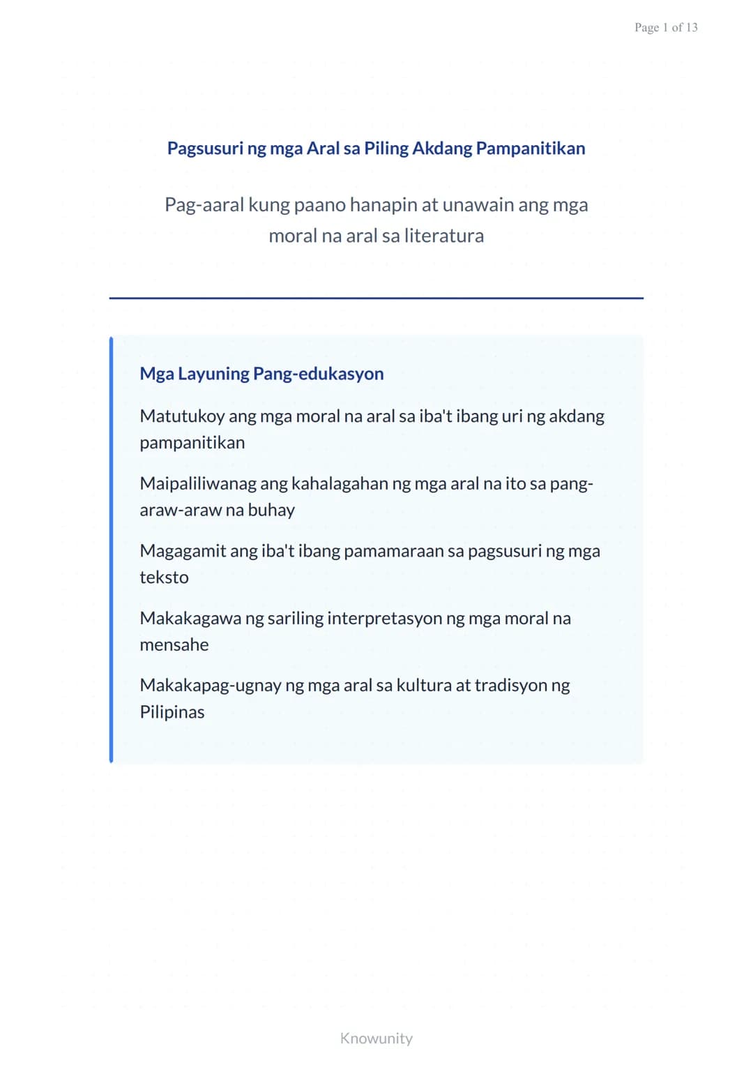 Pagsusuri ng mga Aral sa Piling Akdang Pampanitikan