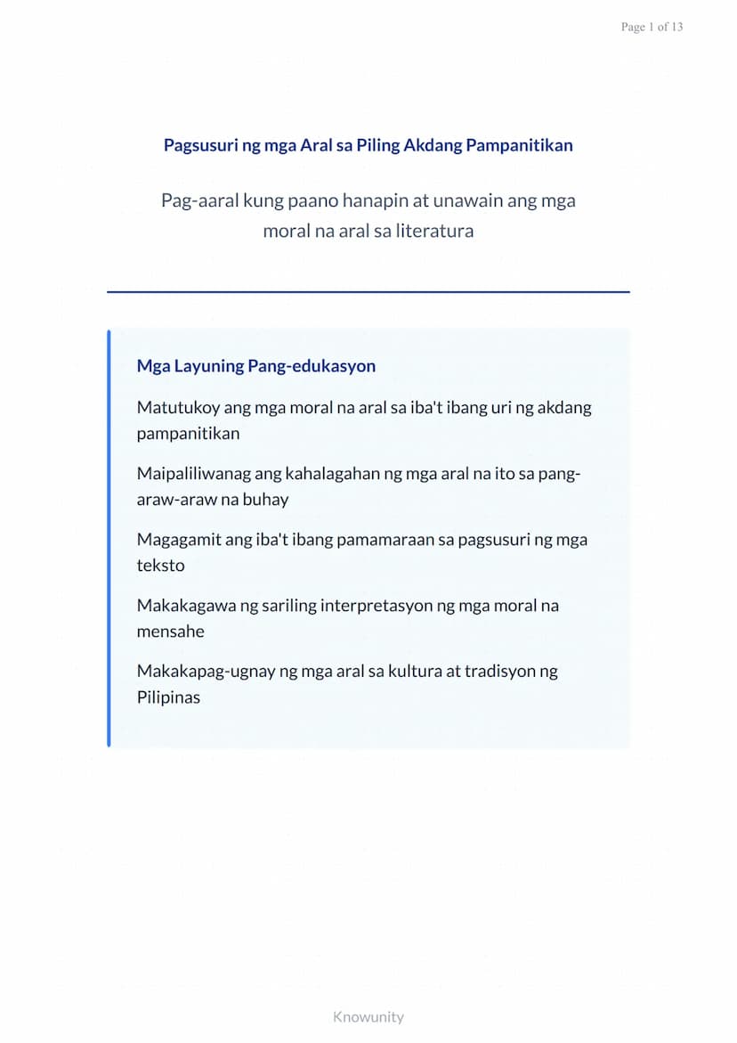 # Pagsusuri ng mga Aral sa Piling Akdang Pampanitikan

Pag-aaral kung paano hanapin at unawain ang mga moral na aral sa literatura

## Mga L