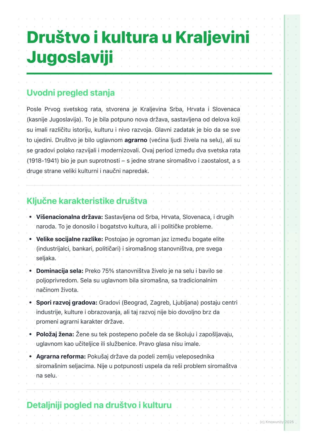 # Društvo i kultura u Kraljevini
Jugoslaviji

Uvodni pregled stanja

Posle Prvog svetskog rata, stvorena je Kraljevina Srba, Hrvata i Sloven