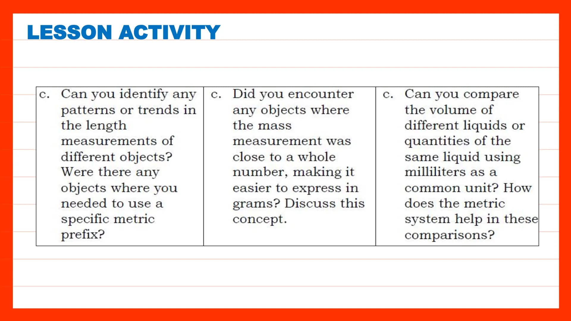 Systems of
Units of
Measure
Quarter 2, Week 2 DAY 1 SHORT REVIEW
Class Discussion
Have you ever measured an
object before?
What measuring to