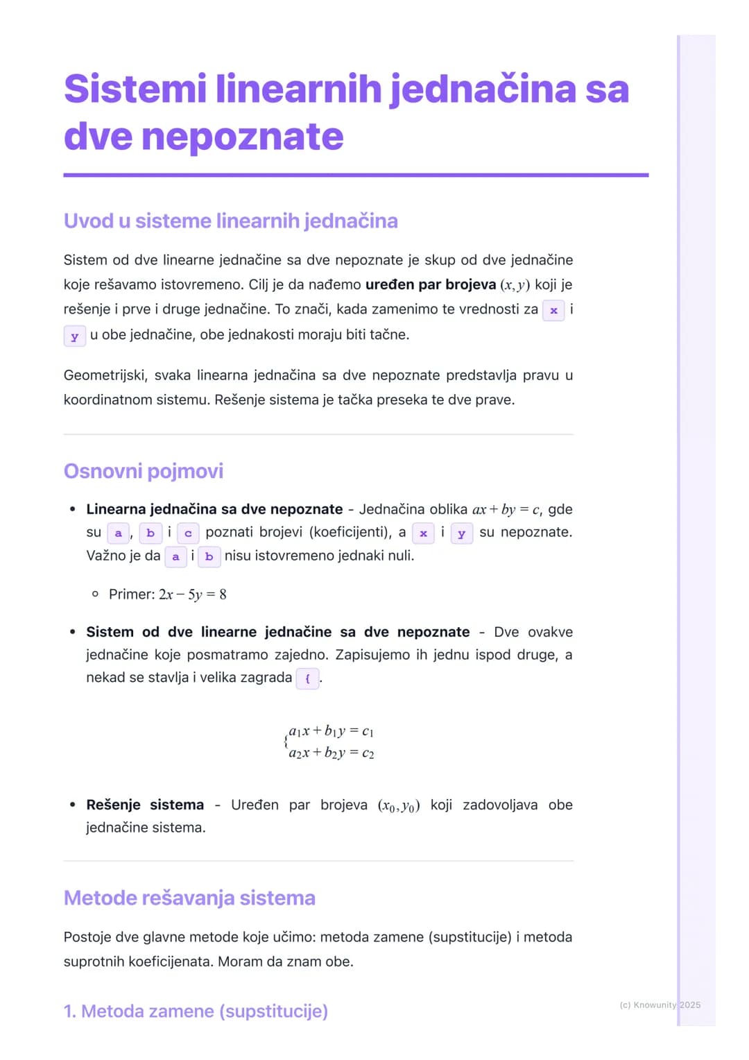 # Sistemi linearnih jednačina sa
dve nepoznate

Uvod u sisteme linearnih jednačina

Sistem od dve linearne jednačine sa dve nepoznate je sku