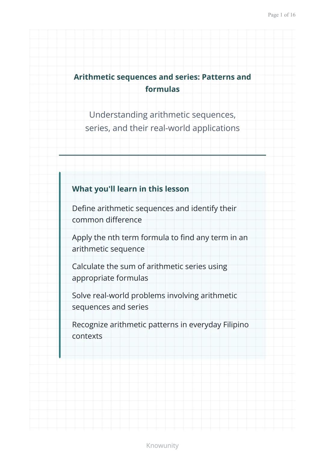 Arithmetic sequences and series: Patterns and
formulas
Understanding arithmetic sequences,
series, and their real-world applications
What yo