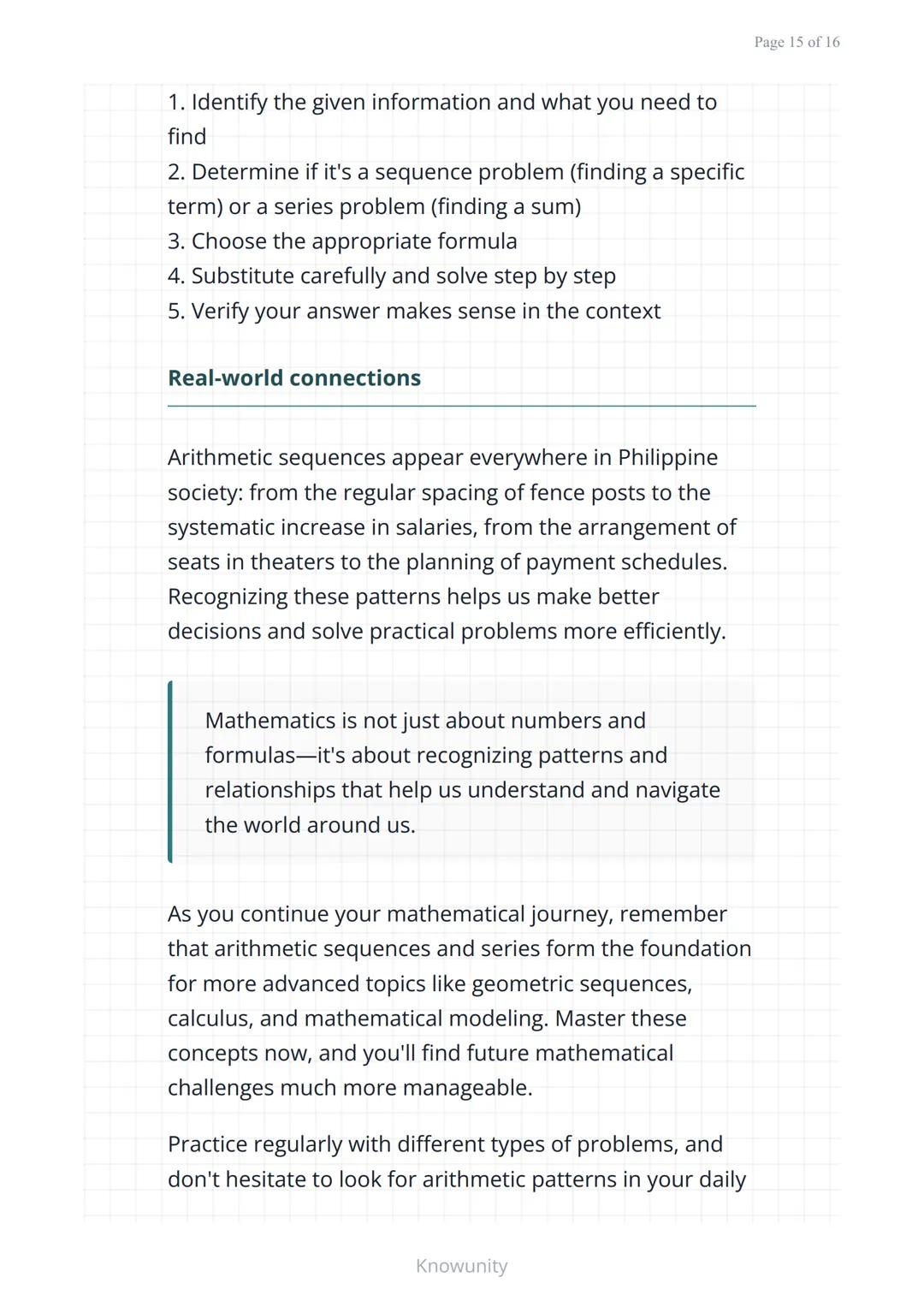 Arithmetic sequences and series: Patterns and
formulas
Understanding arithmetic sequences,
series, and their real-world applications
What yo