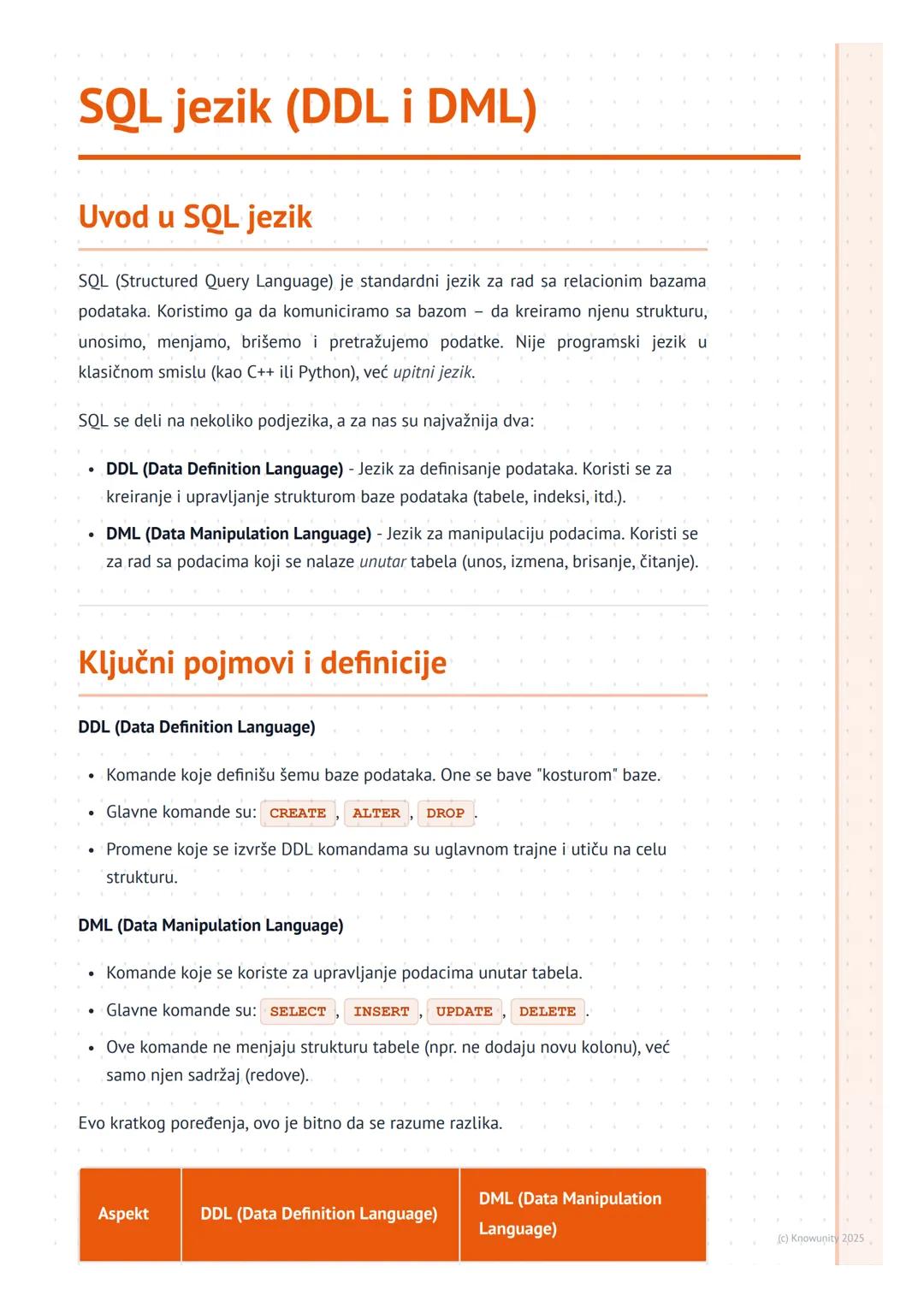 # SQL jezik (DDL i DML)

Uvod u SQL jezik

SQL (Structured Query Language) je standardni jezik za rad sa relacionim bazama
podataka. Koristi