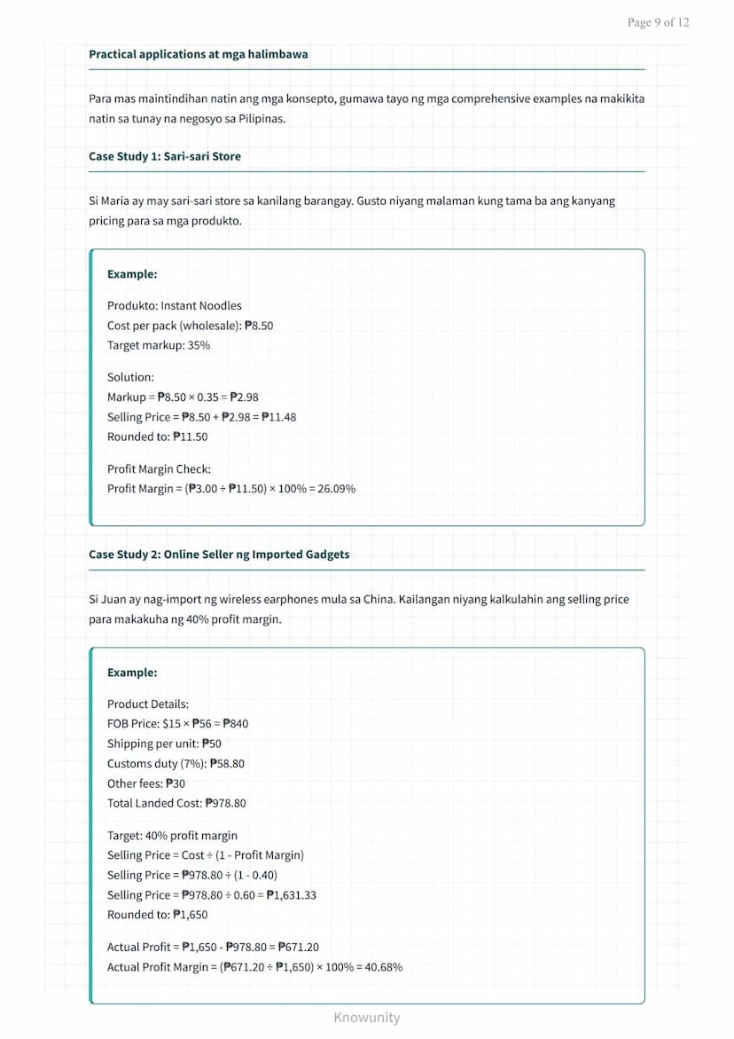 Pagpepresyo ng Produkto at Pagkalkula ng Kita sa Negosyo
Pag-aaral ng pricing strategies at profit calculation sa negosyo
Mga Layuning Pang-