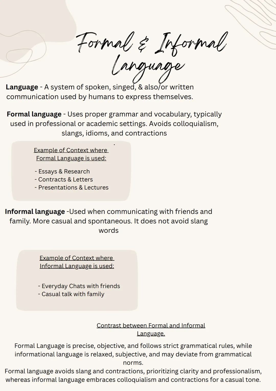 Formal & Informal
Language
Language - A system of spoken, singed, & also/or written
communication used by humans to express themselves.
Form