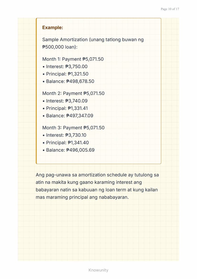 Mga Pautang at Financing: Pag-aanalisa ng Interest
Rate at Terms
Pag-aaral ng mga uri ng pautang at
pagsusuri ng interest rates
Mga Layuning