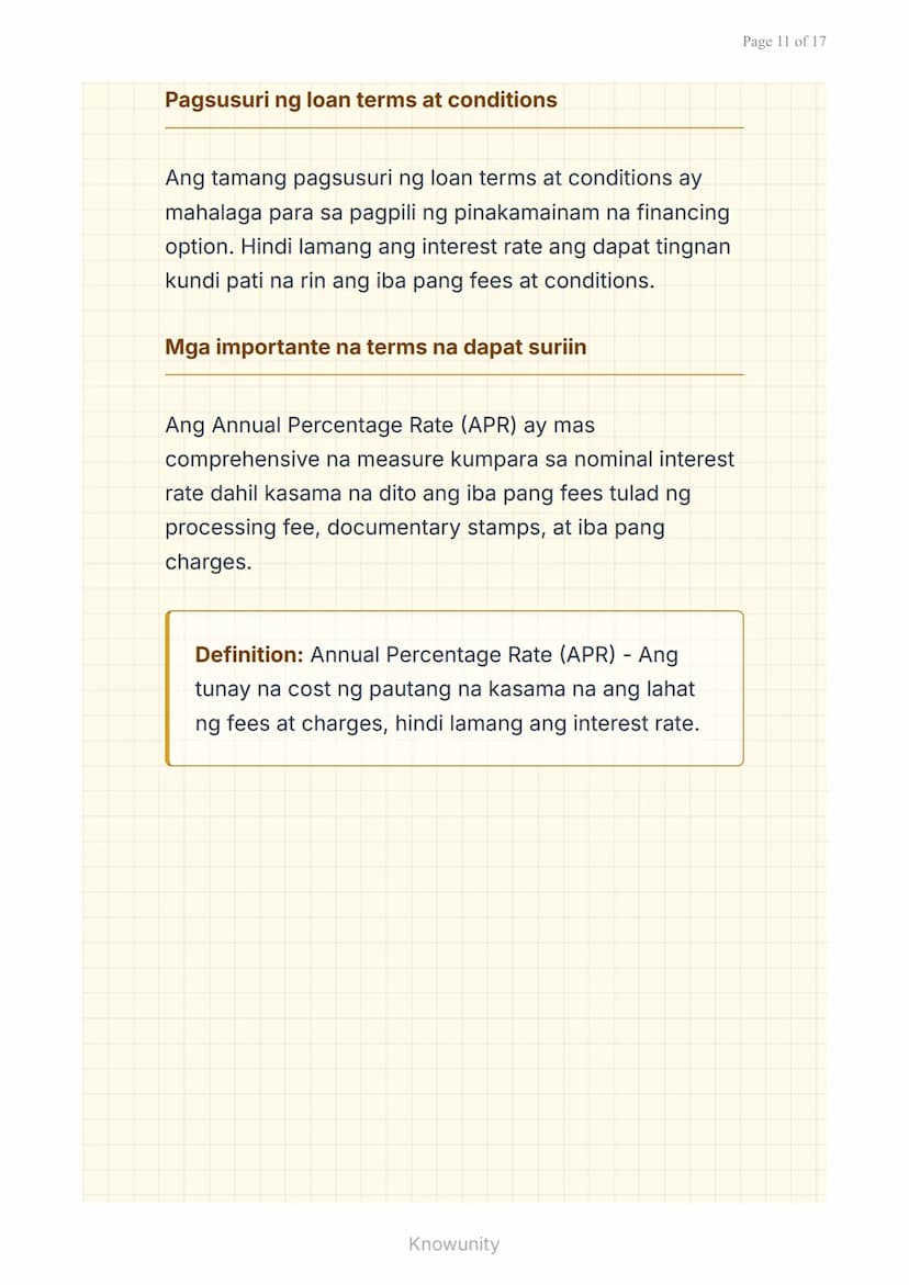 Mga Pautang at Financing: Pag-aanalisa ng Interest
Rate at Terms
Pag-aaral ng mga uri ng pautang at
pagsusuri ng interest rates
Mga Layuning