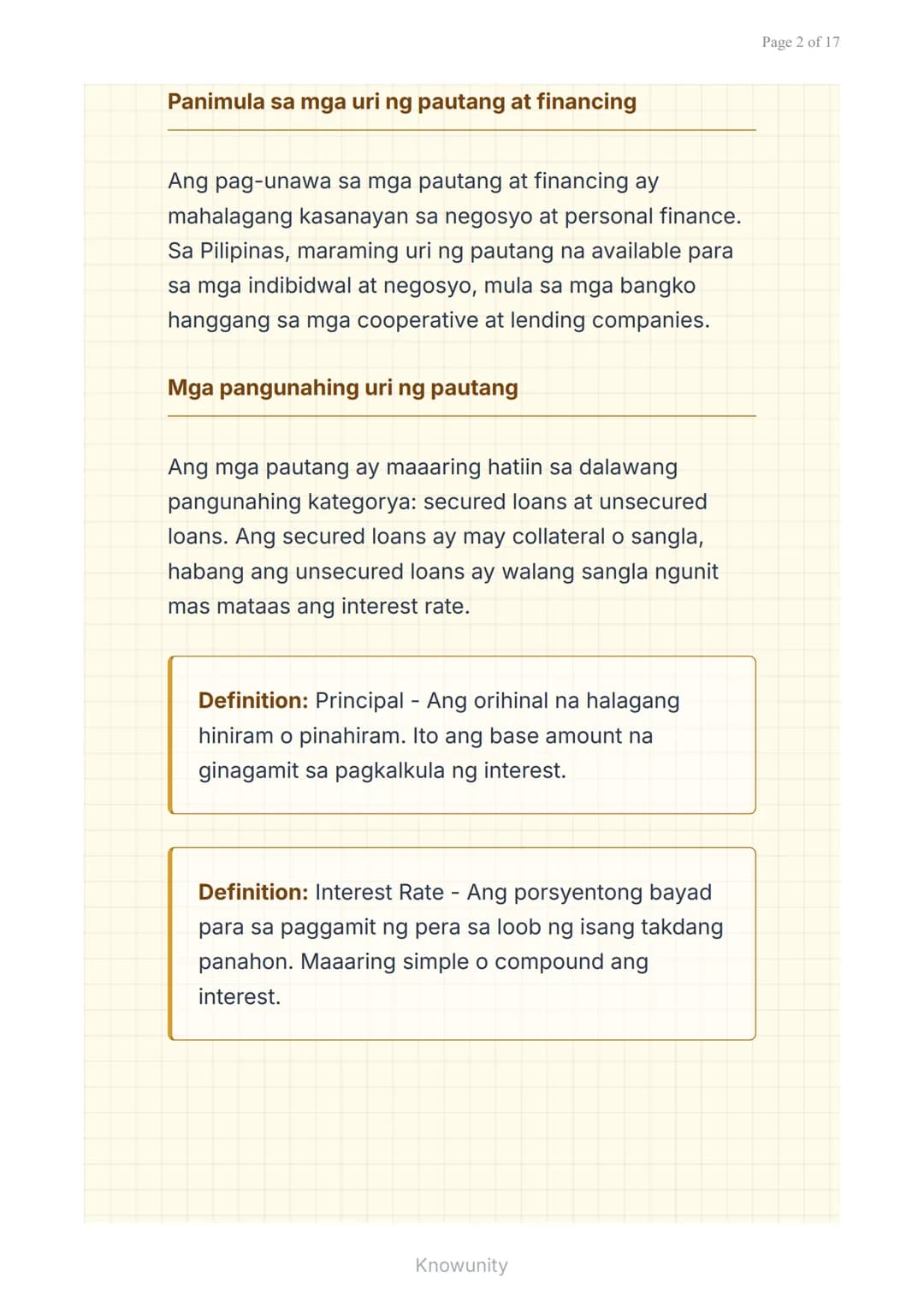 Mga Pautang at Financing: Pag-aanalisa ng Interest
Rate at Terms
Pag-aaral ng mga uri ng pautang at
pagsusuri ng interest rates
Mga Layuning