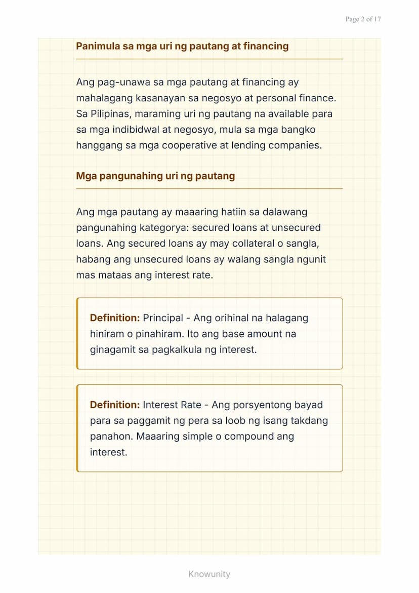 Mga Pautang at Financing: Pag-aanalisa ng Interest
Rate at Terms
Pag-aaral ng mga uri ng pautang at
pagsusuri ng interest rates
Mga Layuning