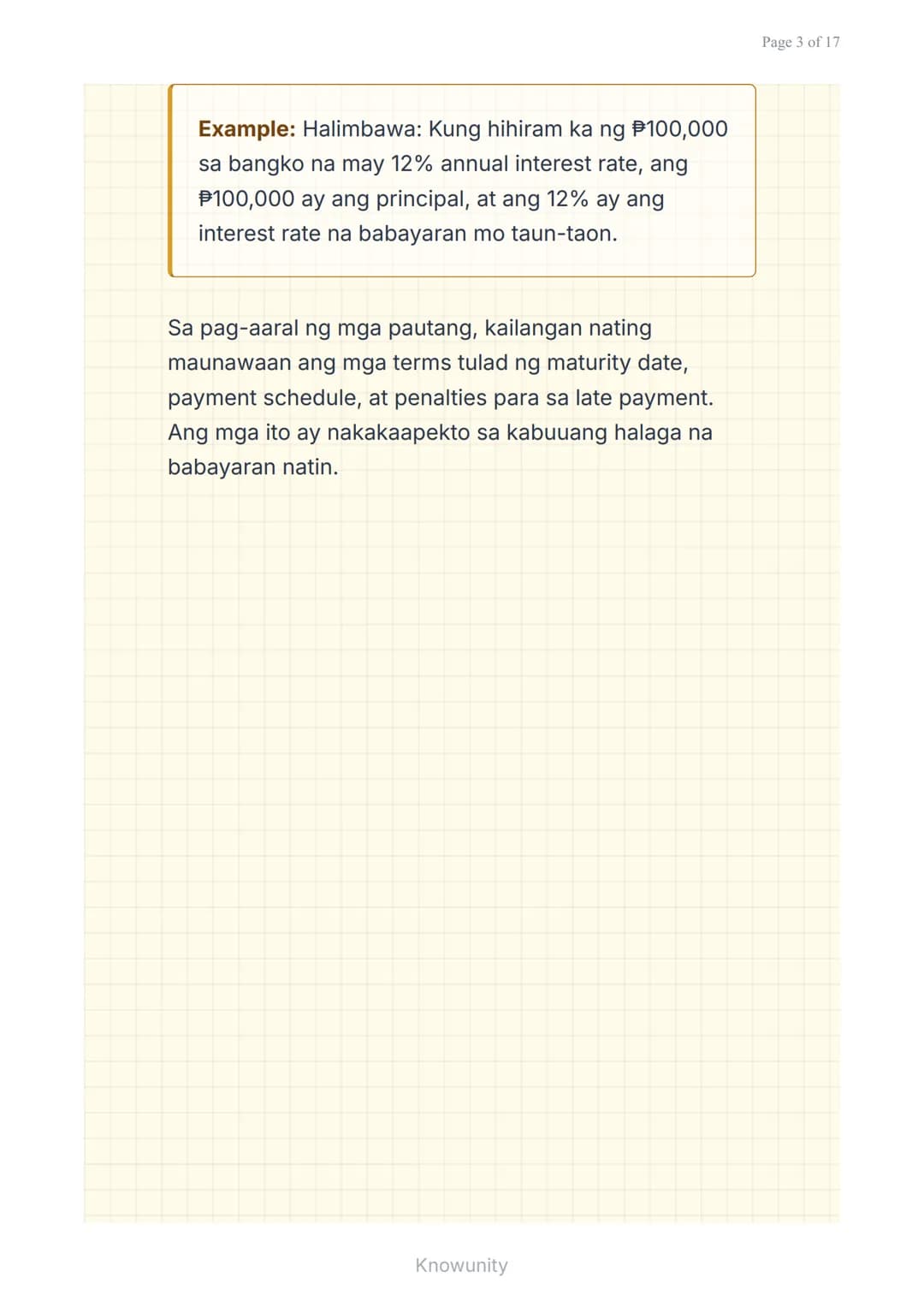 Mga Pautang at Financing: Pag-aanalisa ng Interest
Rate at Terms
Pag-aaral ng mga uri ng pautang at
pagsusuri ng interest rates
Mga Layuning