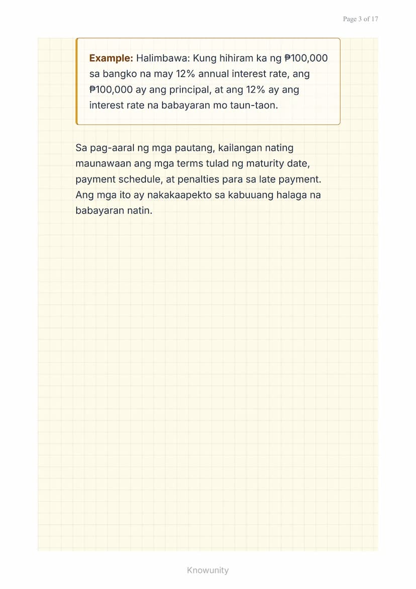 Mga Pautang at Financing: Pag-aanalisa ng Interest
Rate at Terms
Pag-aaral ng mga uri ng pautang at
pagsusuri ng interest rates
Mga Layuning