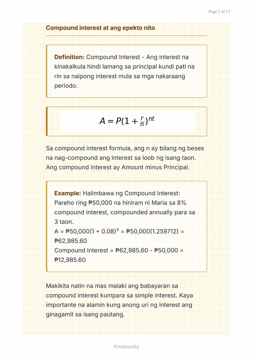 Mga Pautang at Financing: Pag-aanalisa ng Interest
Rate at Terms
Pag-aaral ng mga uri ng pautang at
pagsusuri ng interest rates
Mga Layuning