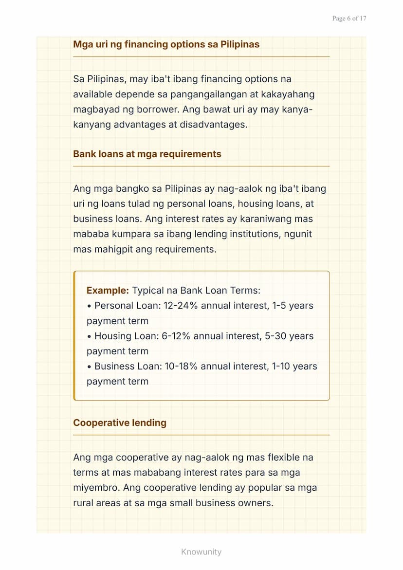 Mga Pautang at Financing: Pag-aanalisa ng Interest
Rate at Terms
Pag-aaral ng mga uri ng pautang at
pagsusuri ng interest rates
Mga Layuning