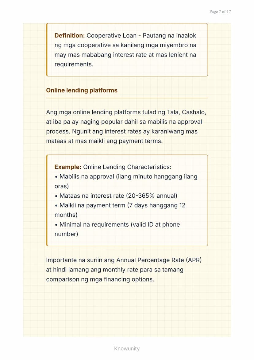 Mga Pautang at Financing: Pag-aanalisa ng Interest
Rate at Terms
Pag-aaral ng mga uri ng pautang at
pagsusuri ng interest rates
Mga Layuning