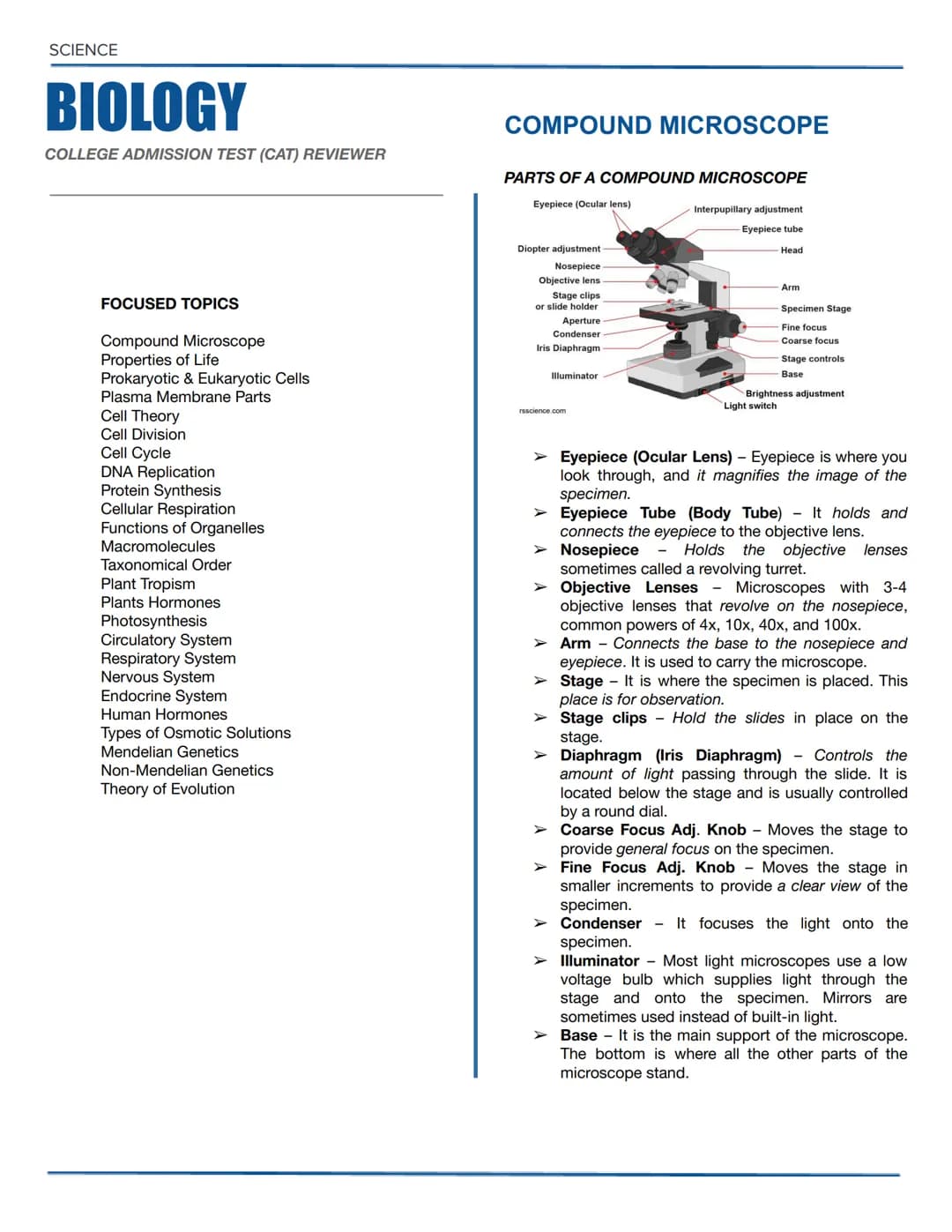 SCIENCE
BIOLOGY
COLLEGE ADMISSION TEST (CAT) REVIEWER
COMPOUND MICROSCOPE
PARTS OF A COMPOUND MICROSCOPE
Eyepiece (Ocular lens)
Diopter adju
