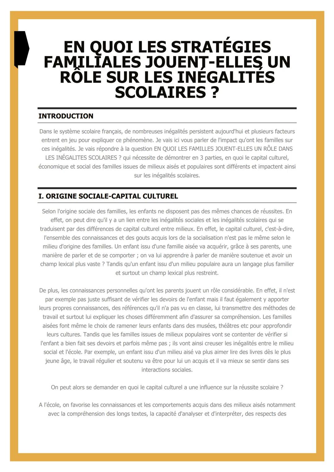 # EN QUOI LES STRATÉGIES
# FAMILIALES JOUENT-ELLEŞ UN
# ROLE SUR LES INEGALITES
# SCOLAIRES ?

INTRODUCTION

Dans le système scolaire frança