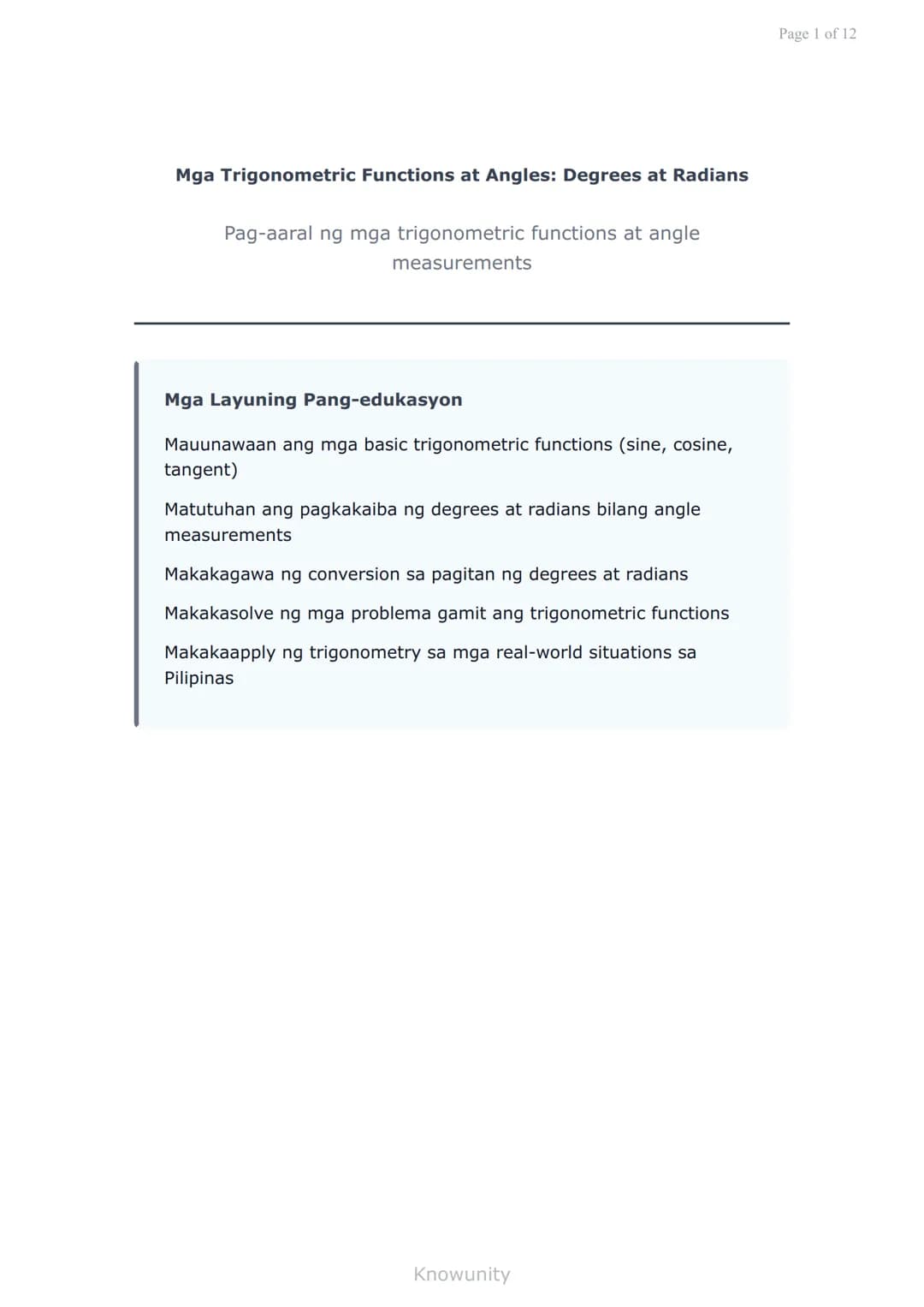 Mga Trigonometric Functions at Angles: Degrees at Radians