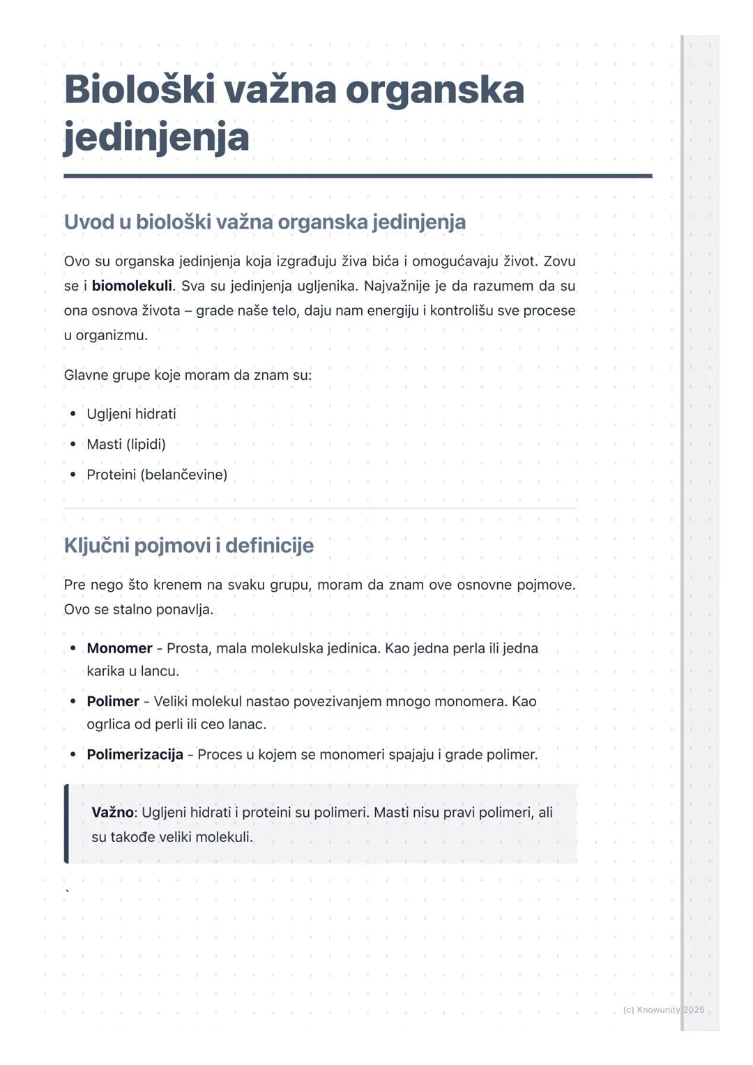 # Biološki važna organska
jedinjenja

Uvod u biološki važna organska jedinjenja

Ovo su organska jedinjenja koja izgrađuju živa bića i omogu