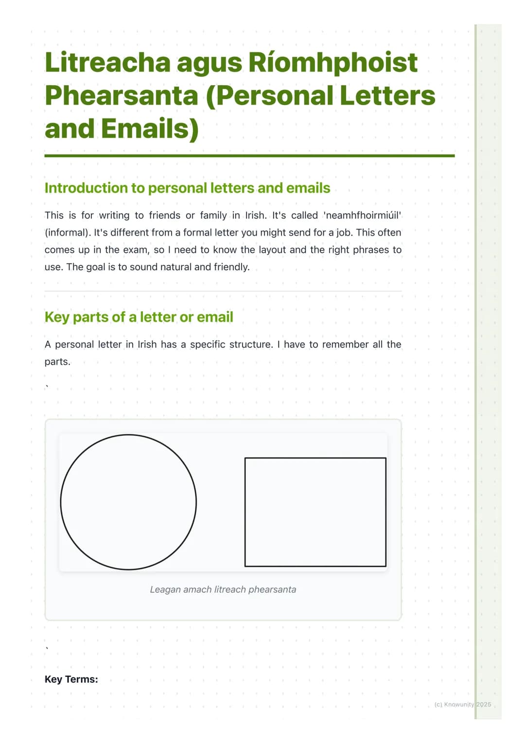 # Litreacha agus Ríomhphoist
Phearsanta (Personal Letters
and Emails)

Introduction to personal letters and emails

This is for writing to f