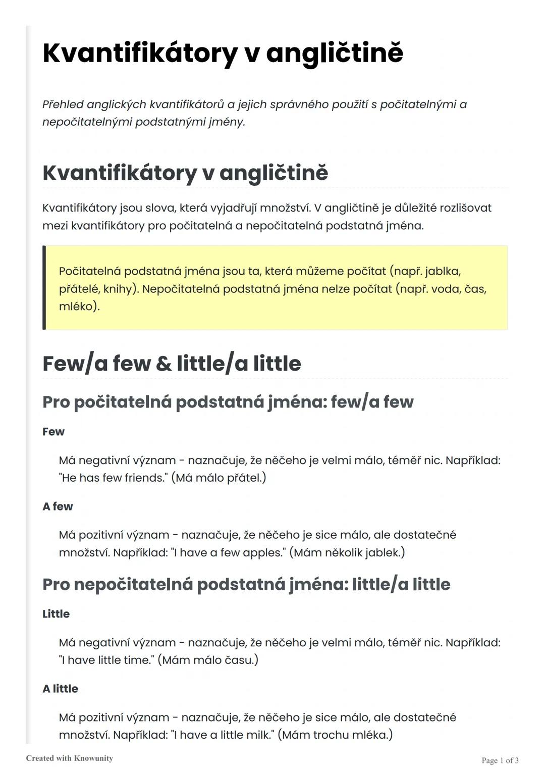 Kvantifikátory v angličtině
Přehled anglických kvantifikátorů a jejich správného použití s počitatelnými a
nepočitatelnými podstatnými jmény