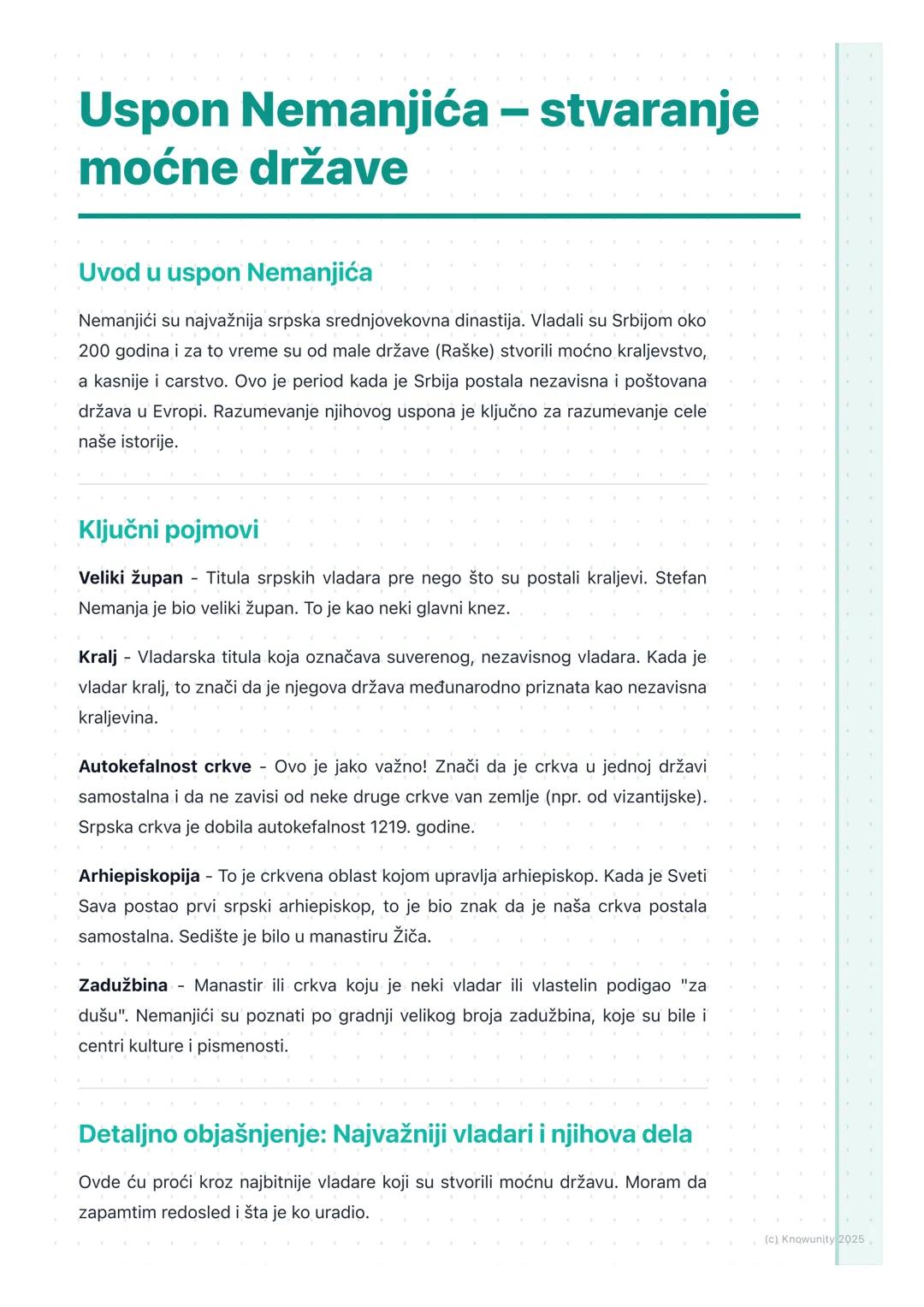 # Uspon Nemanjića – stvaranje
moćne države

Uvod u uspon Nemanjića

Nemanjići su najvažnija srpska srednjovekovna dinastija. Vladali su Srbi