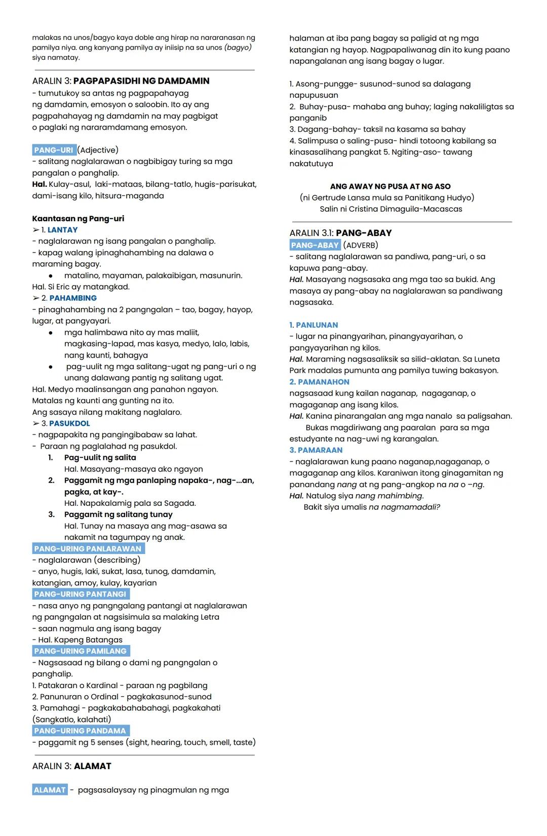 ARALIN 1: PARABULA
MATERYAL - tradisyon, nilikha at ginamit ng mga pangkat
etniko. Nahahawakan gaya ng mga kasangkapan,
pananamit
DI-MATERYA