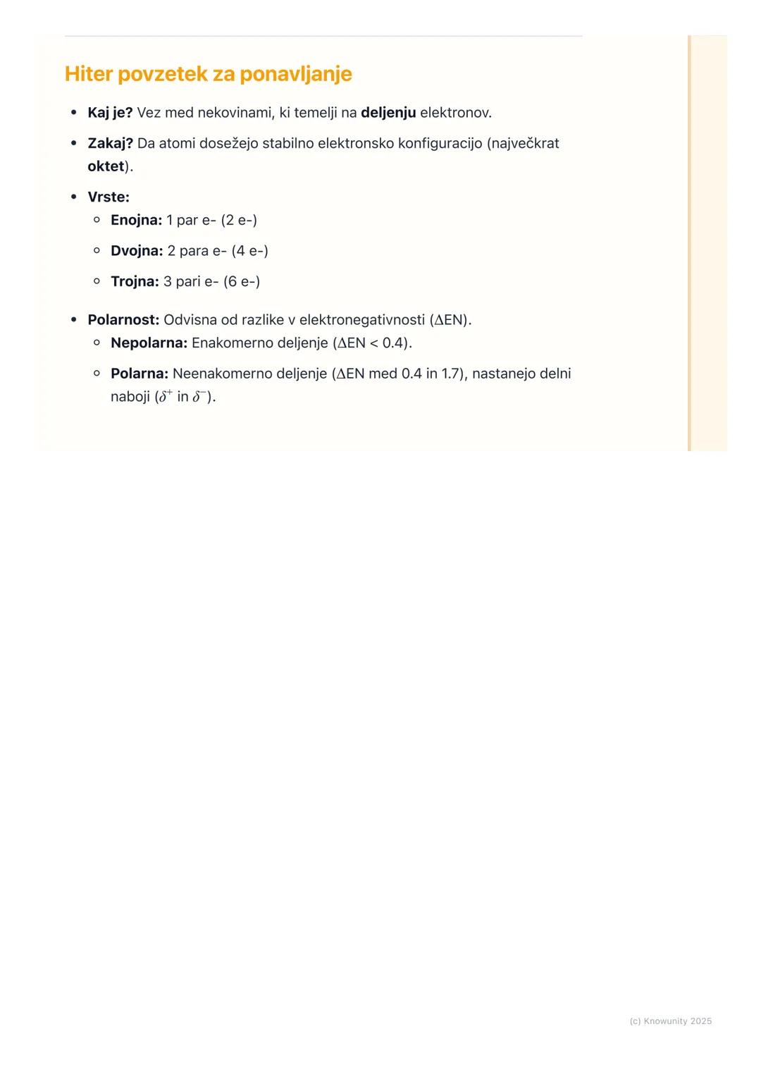 # Kovalentna vez

## Uvod v kovalentno vez

Kovalentna vez je ena od glavnih vrst kemijskih vezi. Nastane, ko si dva atoma
delita enega ali 