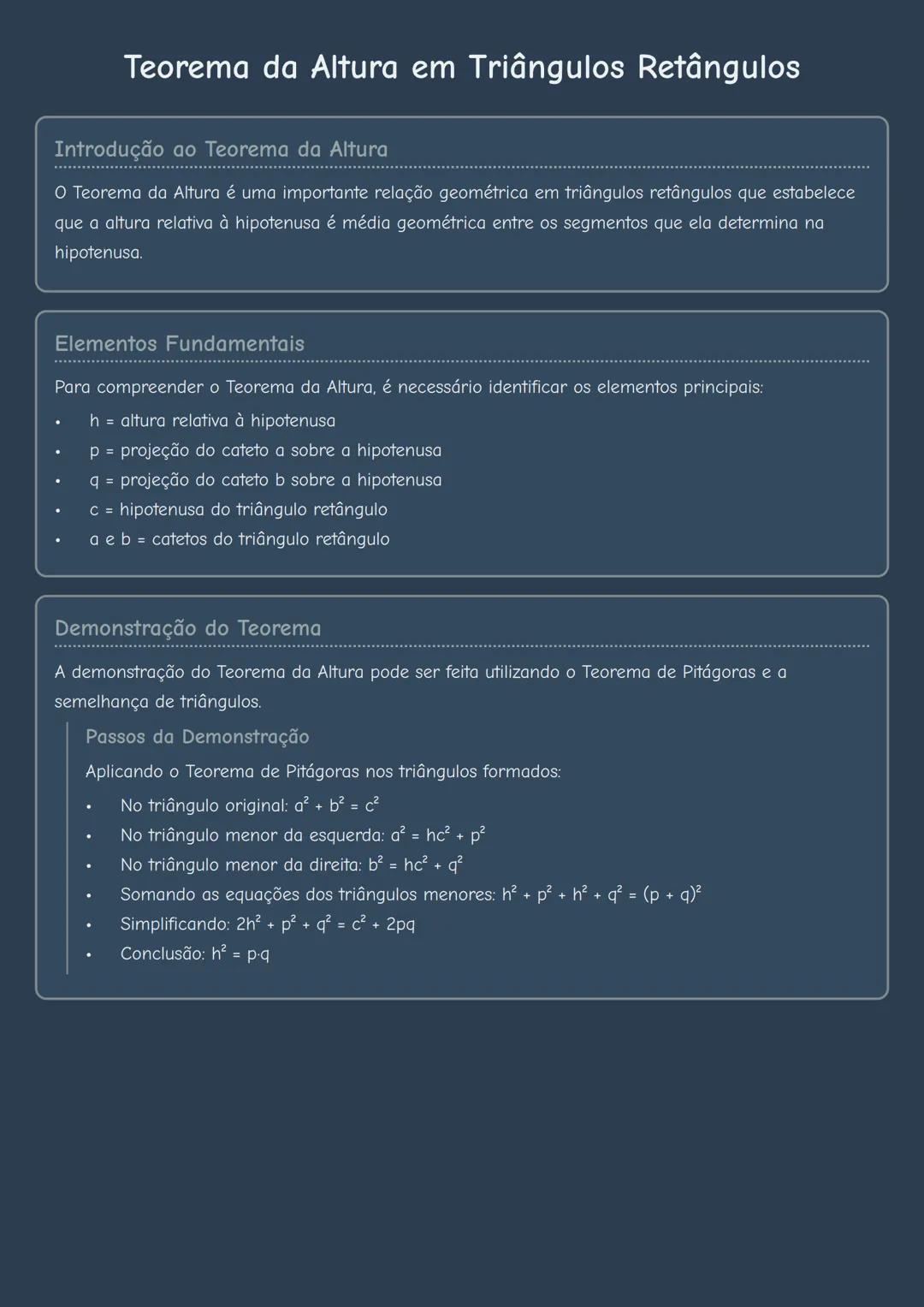# Teorema da Altura em Triângulos Retângulos

Introdução ao Teorema da Altura

O Teorema da Altura é uma importante relação geométrica em tr
