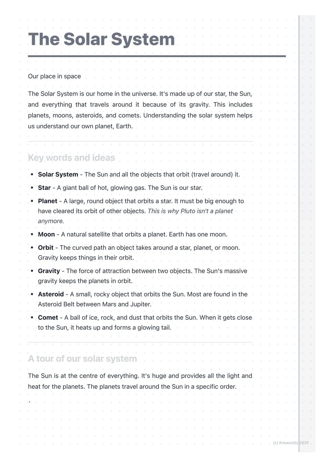 # The Solar System

Our place in space

The Solar System is our home in the universe. It's made up of our star, the Sun,
and everything that